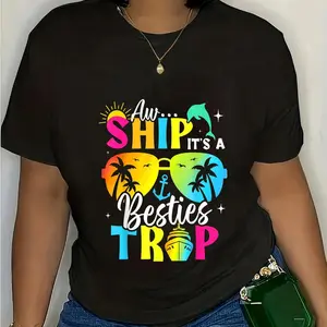 100% Cotton "Awesome... It's a Besties Trip" 2025 Cruise Graphic Tee - Women's T-Shirt with Colorful Ship and Palm Tree Design, s, , Cruise T Shirts