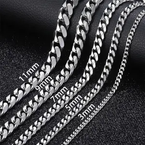 3/5/7/9/11 mm stainless steel silver-color Cuban curb chain choker necklace, 16–30", for men and women, suitable for daily wear; ideal as a birthday or anniversary gift