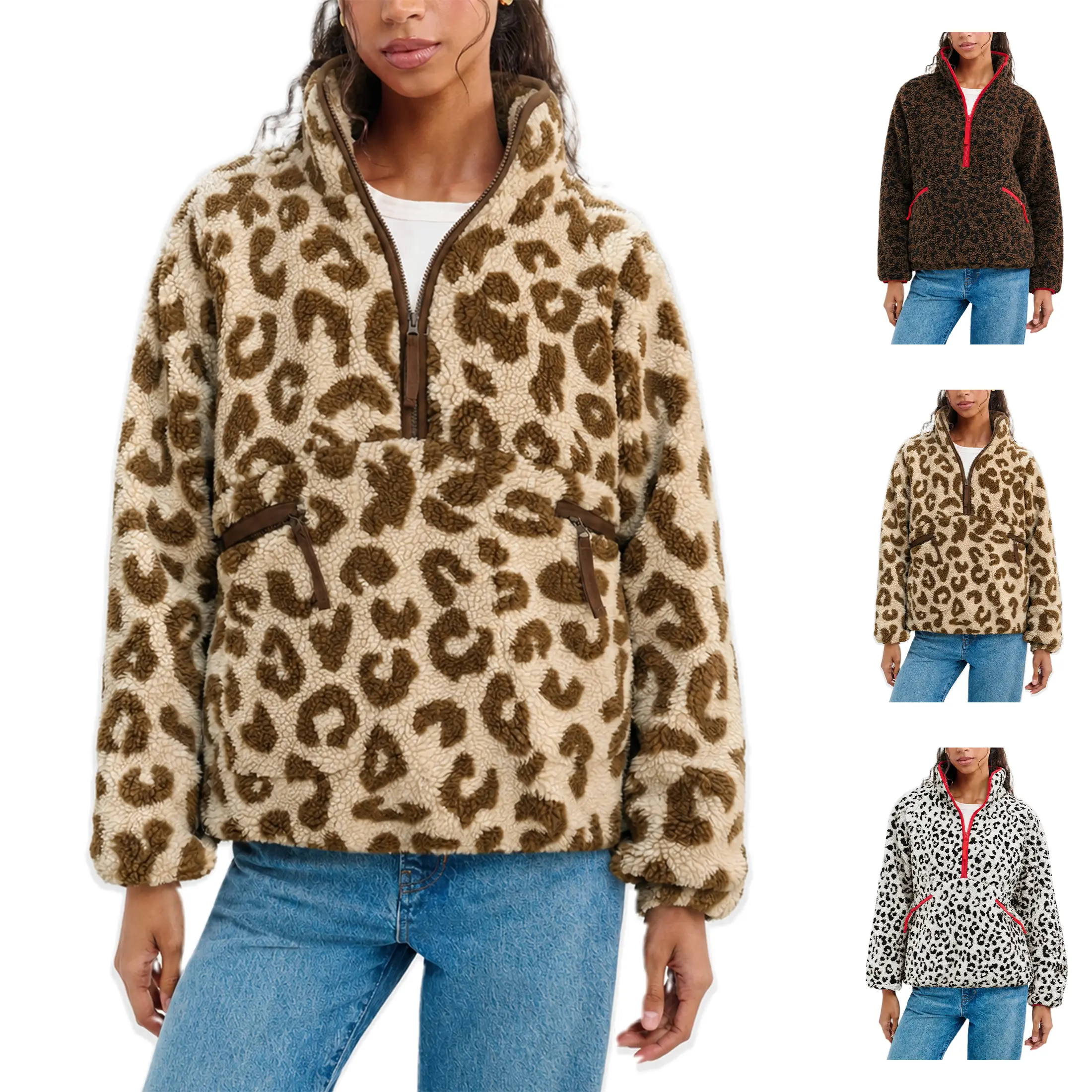 Wandal Women Leopard Print Half Zip Sherpa Pullover, Long Sleeve Fuzzy Fleece Jacket Casual Warm Winter Chunky Teddy Outerwear With Pockets