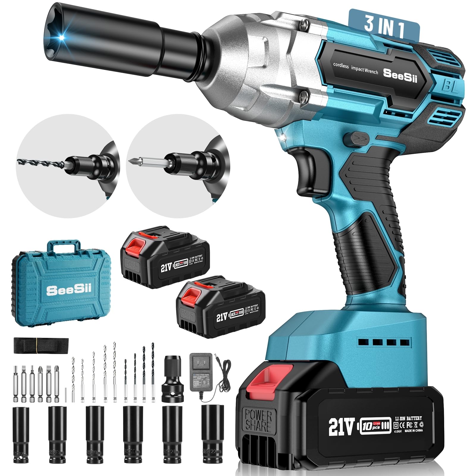 Seesii 3-in-1 Electric Brushless Impact Wrench, Cordless Pistola De Impacto with 2x4.0 Battery, 6 Sockets, 8 Drills, 6 S