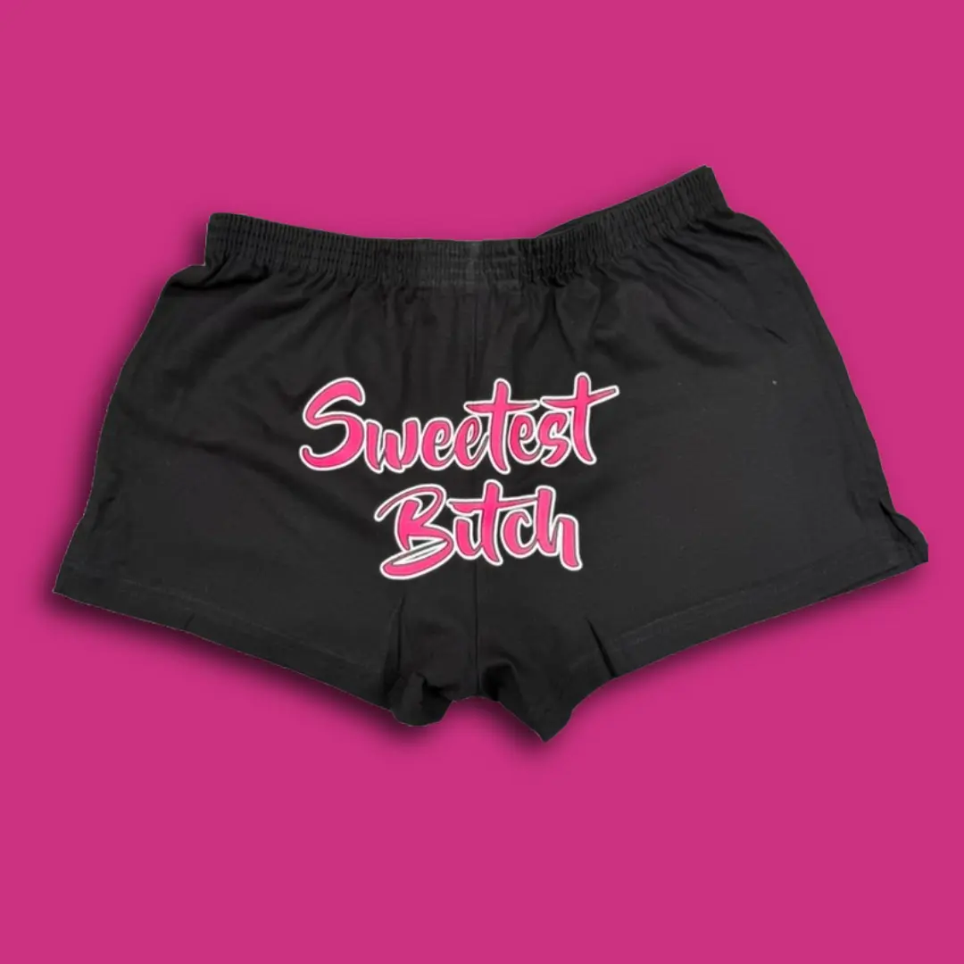Sweetest Bitch Boy Shorts - Kiss Me Edition | Cheeky Low-Rise Fit Cotton Blend Bottoms for Girls Night Out, Soft, Slim, Women, Funny, Playful Shorts, Party, Low Waisted Shorts