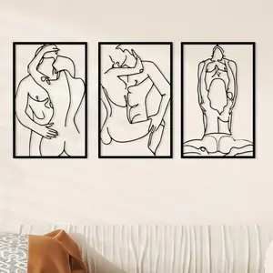 3-Piece Black Metal Portrait Wall Decor - Abstract Line Drawing Sculpture | Stylish Home Art for Kitchen, Bathroom, Living Room. Festival Statue Decorations Modern Abstract Design, Minimalist Design, Artistic