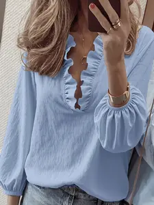 Elegant Women's Loose Fit Vintage Style Ruffle V-Neck Lantern Sleeve Shirt Blouse, Comfortable Versatile Top for All Occasions