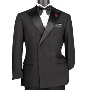 Men’s Black Double-Breasted Tuxedo – Modern Fit 2-Piece Suit with Satin Peak Lapels