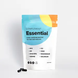 Vegan Multivitamin to Support Energy, Immunity, Heart Health, & Longevity – Evidence-Based Dosages Designed for Whole Food Plant-Rich Diets w/ B12, D3, K2, Omega-3s, Iodine, Selenium, Zinc, Magnesium | COMPLEMENT Essential – 30 Servings