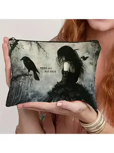 1pc Gothic Fairy Tale Makeup Bag - Mysterious Crow & Moonlit Forest Illustration, Durable Zipper Closure Multi-Purpose Travel Organizer for Cosmetics, Pencils, Snacks - Unique Gift for Adults, Unisex Fantasy Accessories, Gothic Makeup Bag,