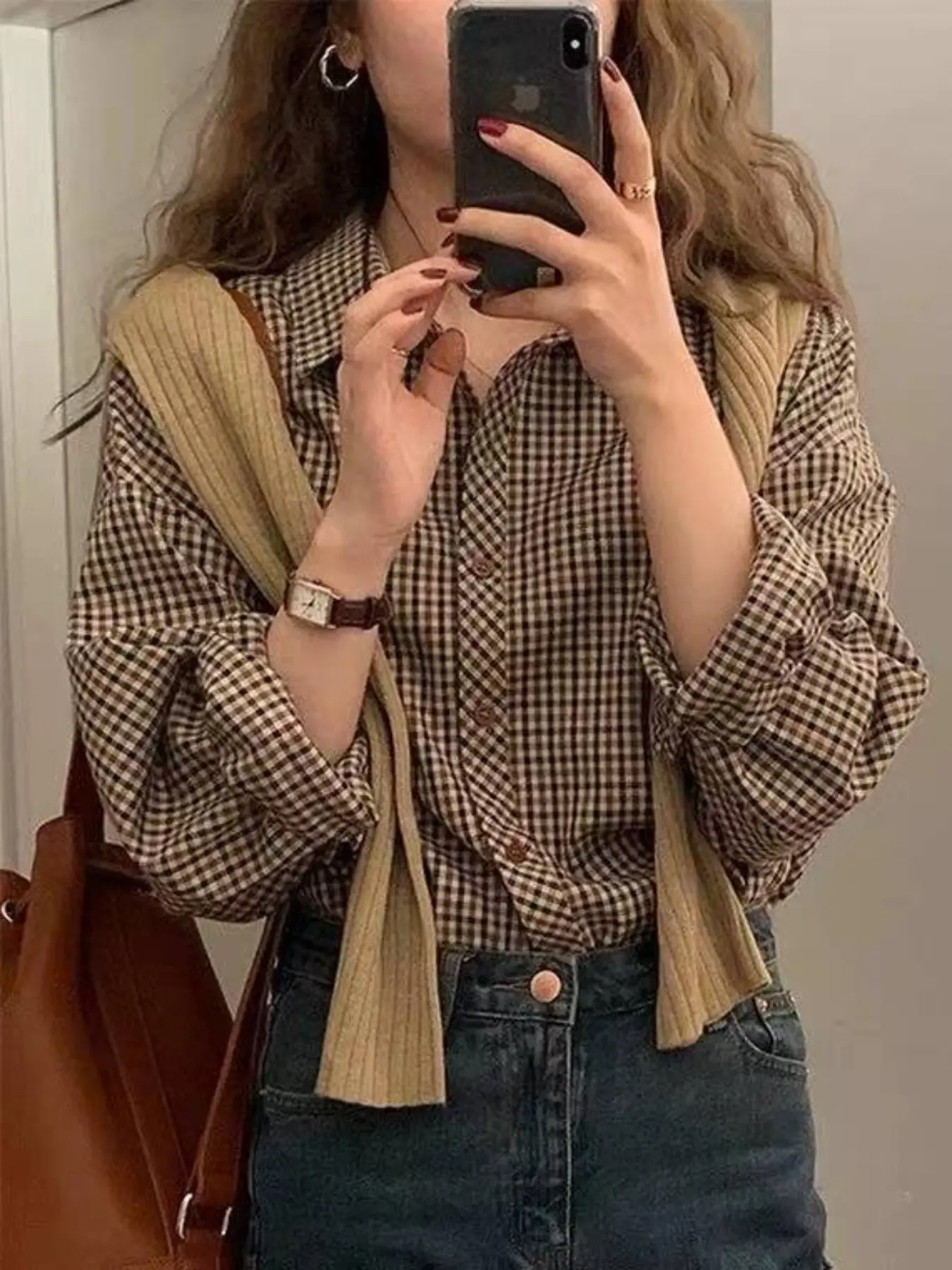 Women's Elegant Vintage Plaid Button Front Fitted Long Sleeve Shirt Blouse, All Seasons Classic Casual Style, Ladies Fashion Top for Daily Wear Womenswear