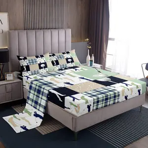 Golf Plaid Bed Sheet Set,Kids Ball Sports Lover Style Sheet Set,Room Decor,Green Buffalo Grid Geometric Bedding Set for Boys Teens,(1 Fitted+1  Flat Sheet)