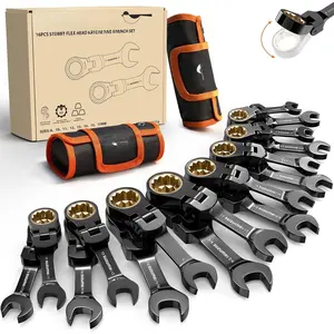 Stubby Wrenches Set 16 count Metric (8-17mm) & SAE (5/16" To 3/4") 180? Flex  Stubby Ratcheting Wrench Set Cr-V 90- for Tight Spaces &  Repair with Rolling Pouch