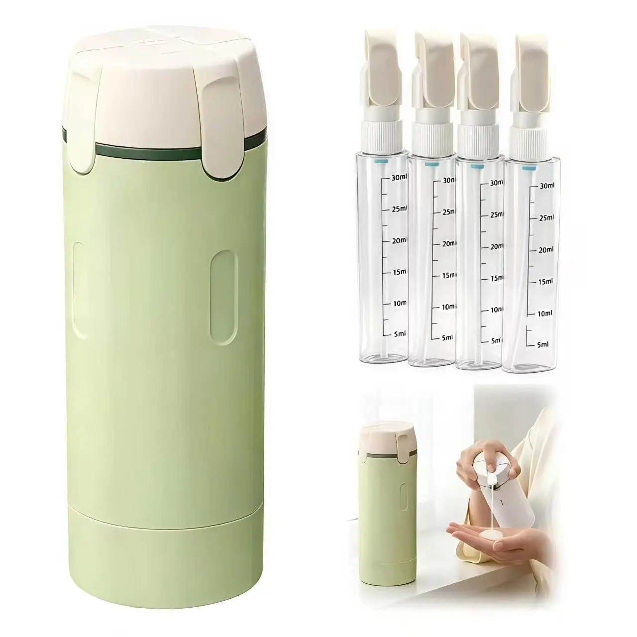4-in-1 Travel Refillable Dispenser Bottles, Leak-Proof TSA-Compliant Pump Design Containers for Shampoo, Conditioner, Lotion, Cream, Portable Toiletry Organizer (Green)
