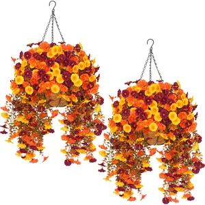 2pcs Fall Trailing Morning Glory Hanging Baskets - UV-Resistant Artificial Flowers for Porch, Patio, Balcony