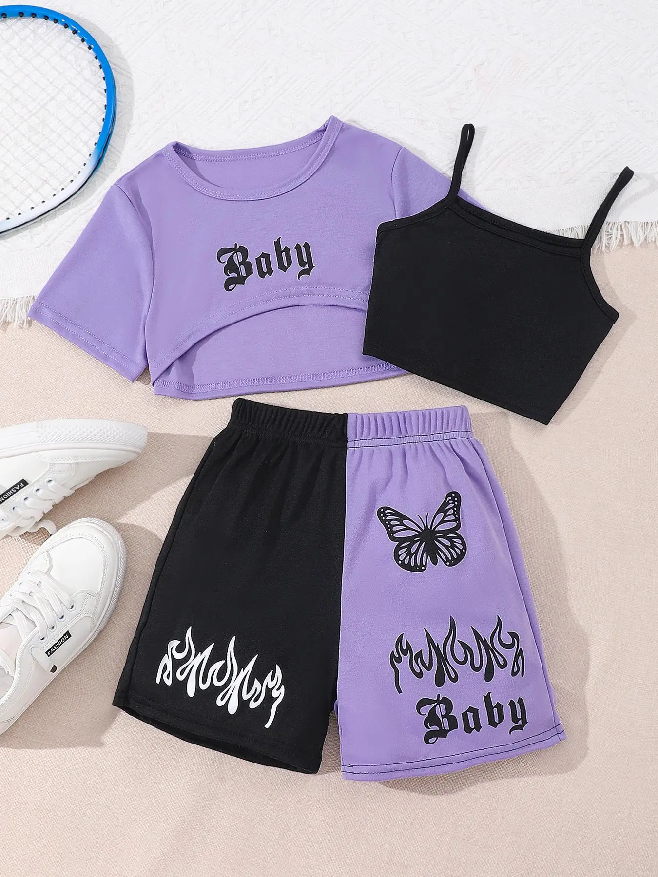 Girl's Letter Print Crop Tee & Elastic Waist Shorts & Cami Top Set, Casual Soft Comfy Short Sleeve T-shirt & Shorts & Camisole for Daily Wear, Kids