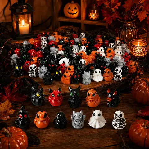 Cute Spooky Resin Ducks with Devil Ghost Skull Design, Mini Desktop Decor, Miniature Garden Ornament, Halloween Christmas Party Gift