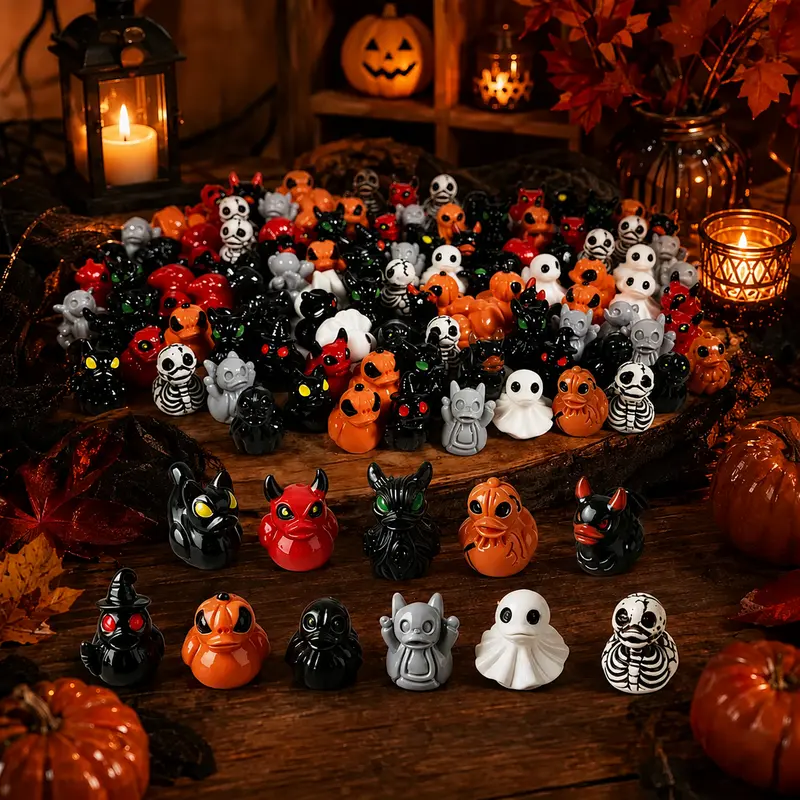 Cute Spooky Resin Ducks with Devil Ghost Skull Design, Mini Desktop Decor, Miniature Garden Ornament, Halloween Christmas Party Gift