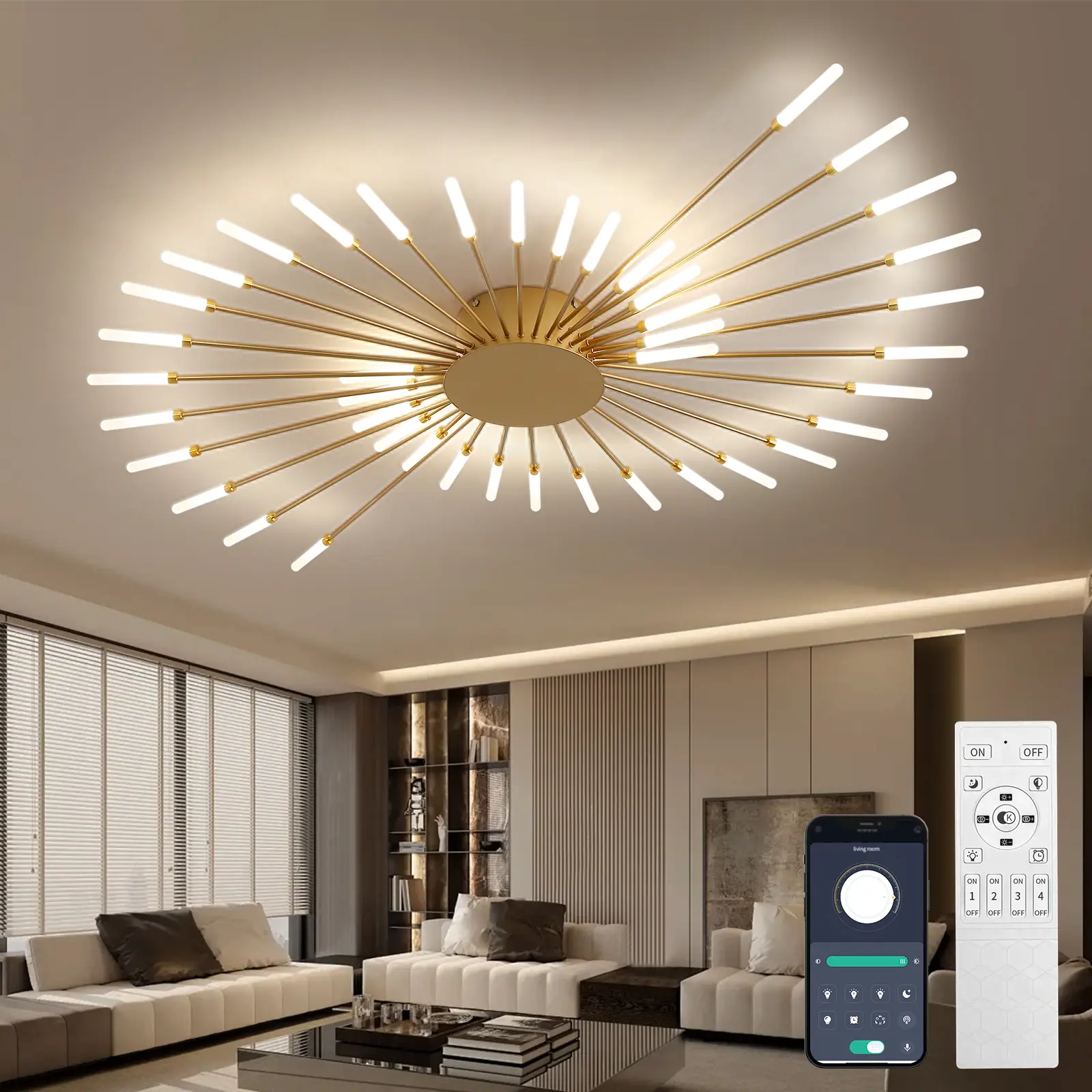 50" Large Modern Sputnik Flush Mount Ceiling Light - 42-Light Brass Starburst Lamp, APP Smart Control, 3000-6500K Stepless Dimmable, Aesthetic Room Decor, Aesthetic Tech & Glamorous Indoor Lighting for Large Rooms