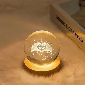 3D Gratitude Crystal Ball Lamp with Dimmer LED and Wooden Base, Night Light Suitable for Children, Teenagers, and Adults, Home, Desk, Bedroom Decoration, Birthday Gift (2.4 inches / 6 cm), Mother's Day, Gift, Couples
