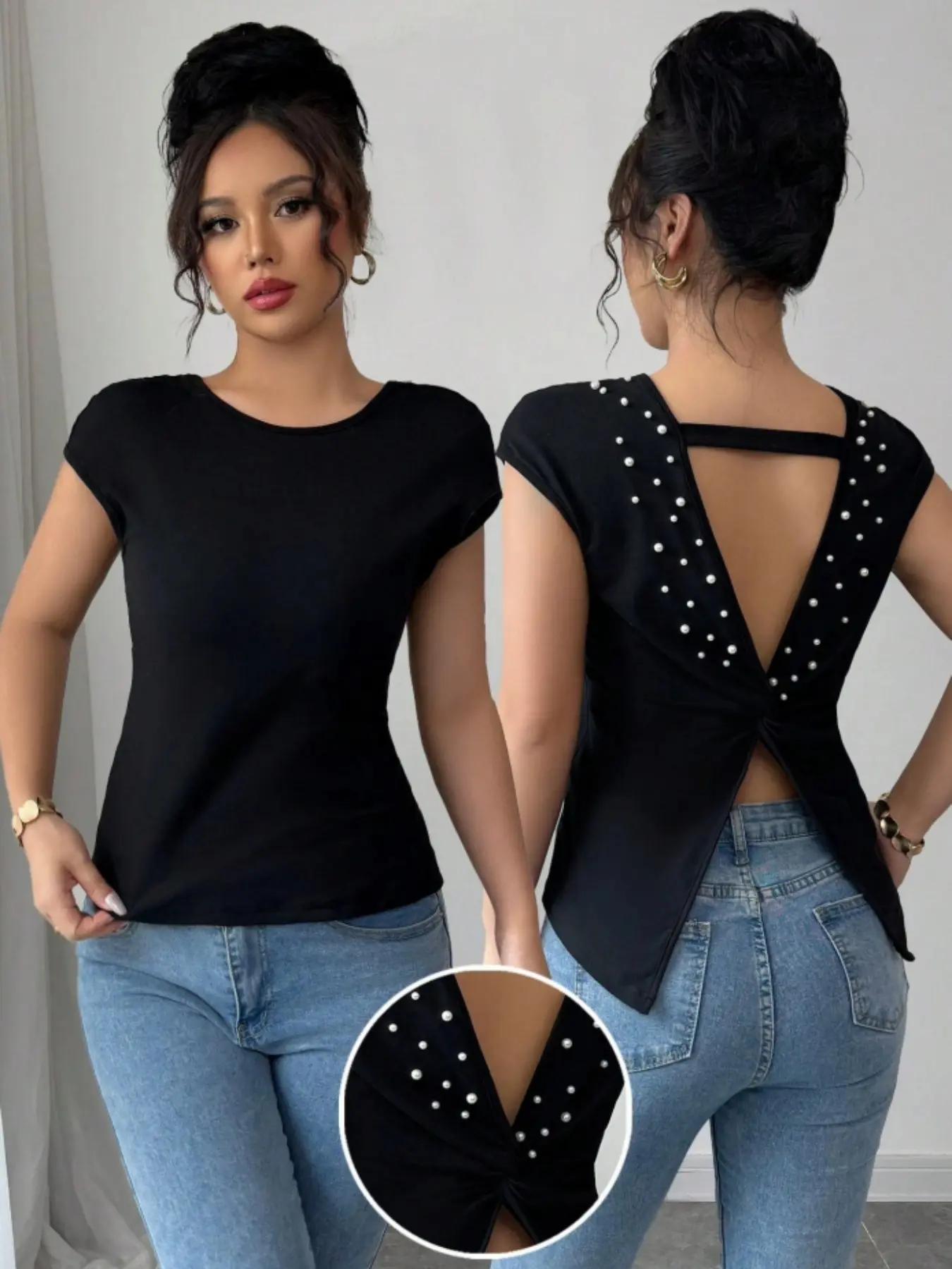 Summer New Fashion Basic Casual Elegant Pearl Back Vest, Round Neck Sleeveless Top, Women's Stylish Daily Wear, Comfortable and Trendy, Womenswear Elegance, Casual Backless Top