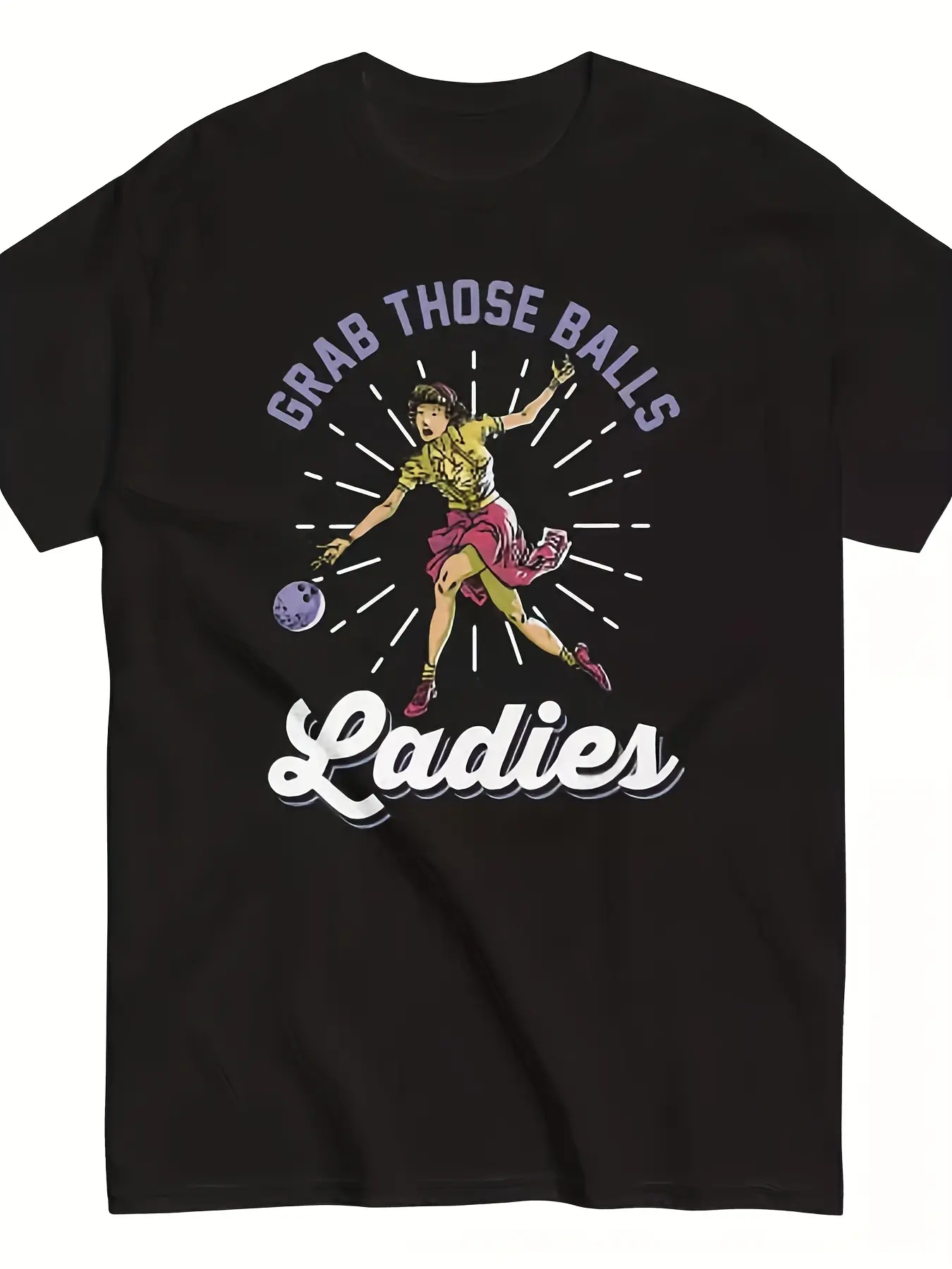 Bowler Bowling T-Shirt - Grab Those Balls, Ladies unisex soft cotton short sleeve t shirt, vintage graphic casual tee for men women teens, perfect birthday holiday gift for camping travel gym daily street  wear