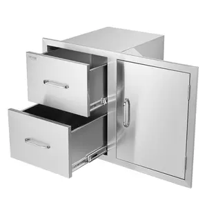 VEVOR Outdoor Kitchen Door Drawer Combo 32.5 Wx 21.6 Hx 20.5''D, Access Door/Double Drawers with Paper Towel Rack, BBQ Island Drawers with Stainless Steel Handles for Outdoor Kitchen