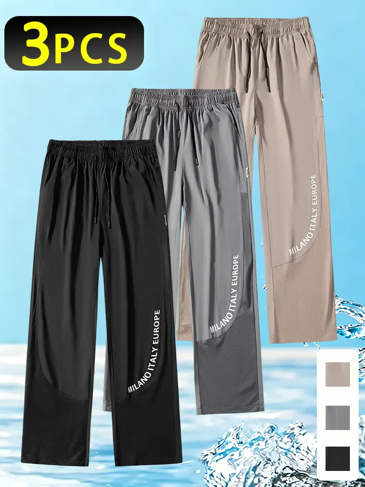 Men’s three-piece set featuring lightweight ice silk casual athletic pants—loose wide-leg drawstring joggers with a drawstring waistband; skin-friendly and comfortable, suitable for everyday wear. Jogging pants