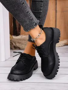 Fashionable Durable Lace-Up Shoes, Thick Solid Color Design, Comfortable for All Occasions, Perfect Daily Wear Footwear, Casual Oxford