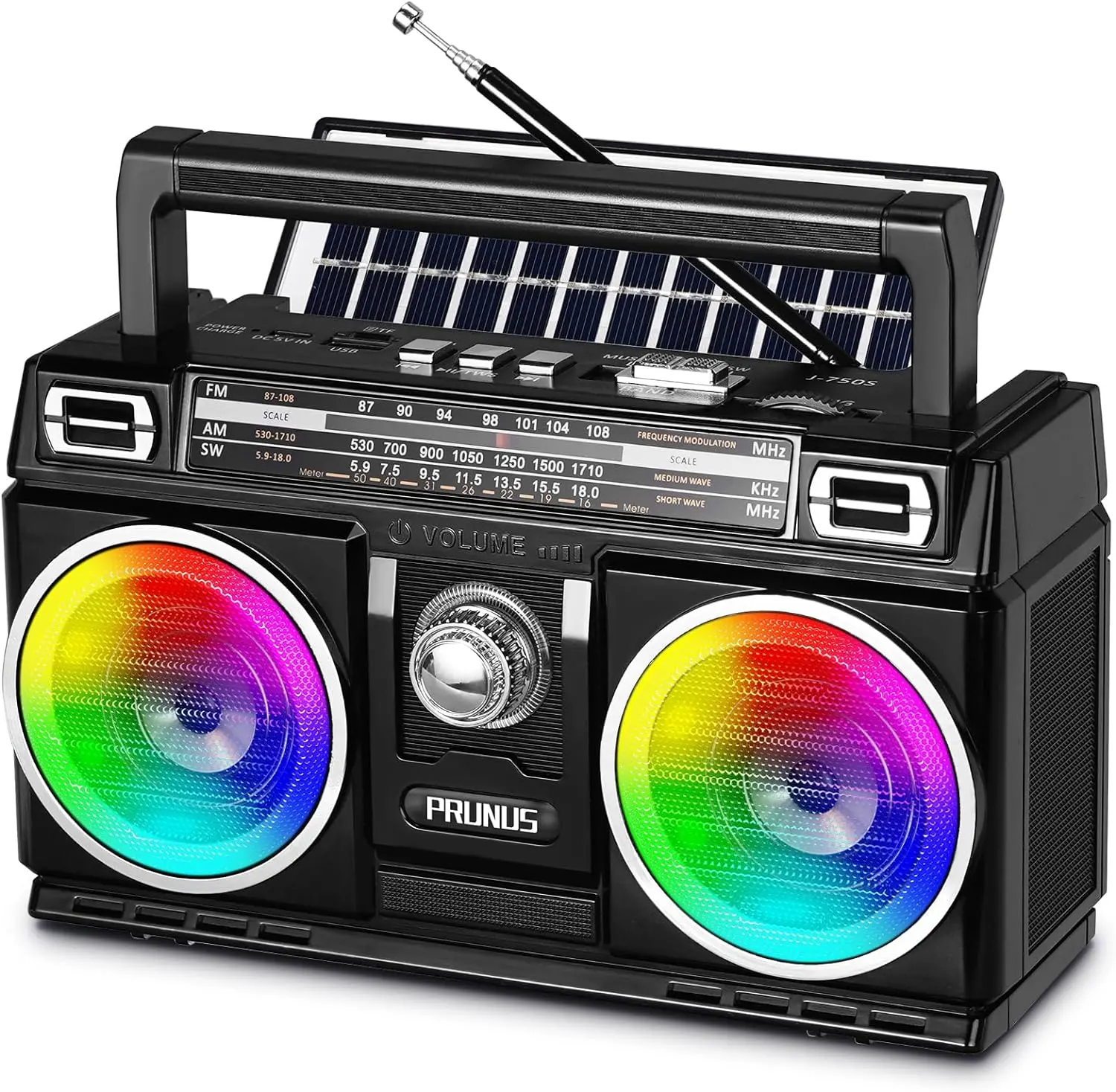 PRUNUS J-750 AM FM Radio Portable with Bluetooth Dual Speakers and RGB Light | USB/TF Card Playback, USB-C/Solar Charging, Rechargeable Radios, Bluetooth Radio, Transistor Radios Portable AM FM