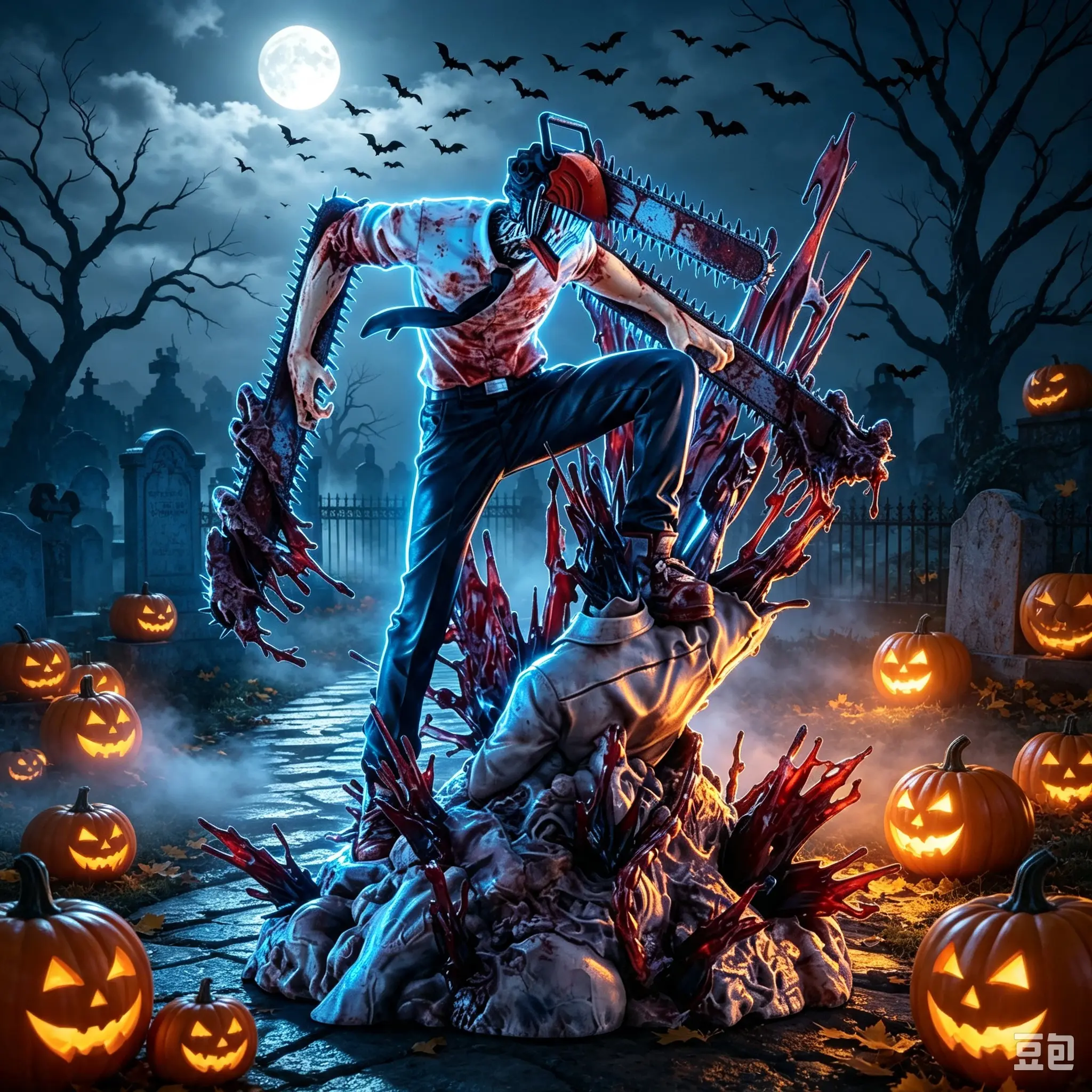 Denji cartoon character of chainsaw man, Denji bloody base statue in battle version, realistic painted chainsaw man collection model toy, table decorations, gifts for comic fans, chainsaw model collection doll ornaments, toys, Halloween boy gifts.