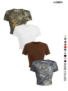 Women's Camo Print Round Neck Crop Tee, Casual Short Sleeve Crew Neck Fit T-shirt for Summer, Fashion Women's Top for Daily Wear