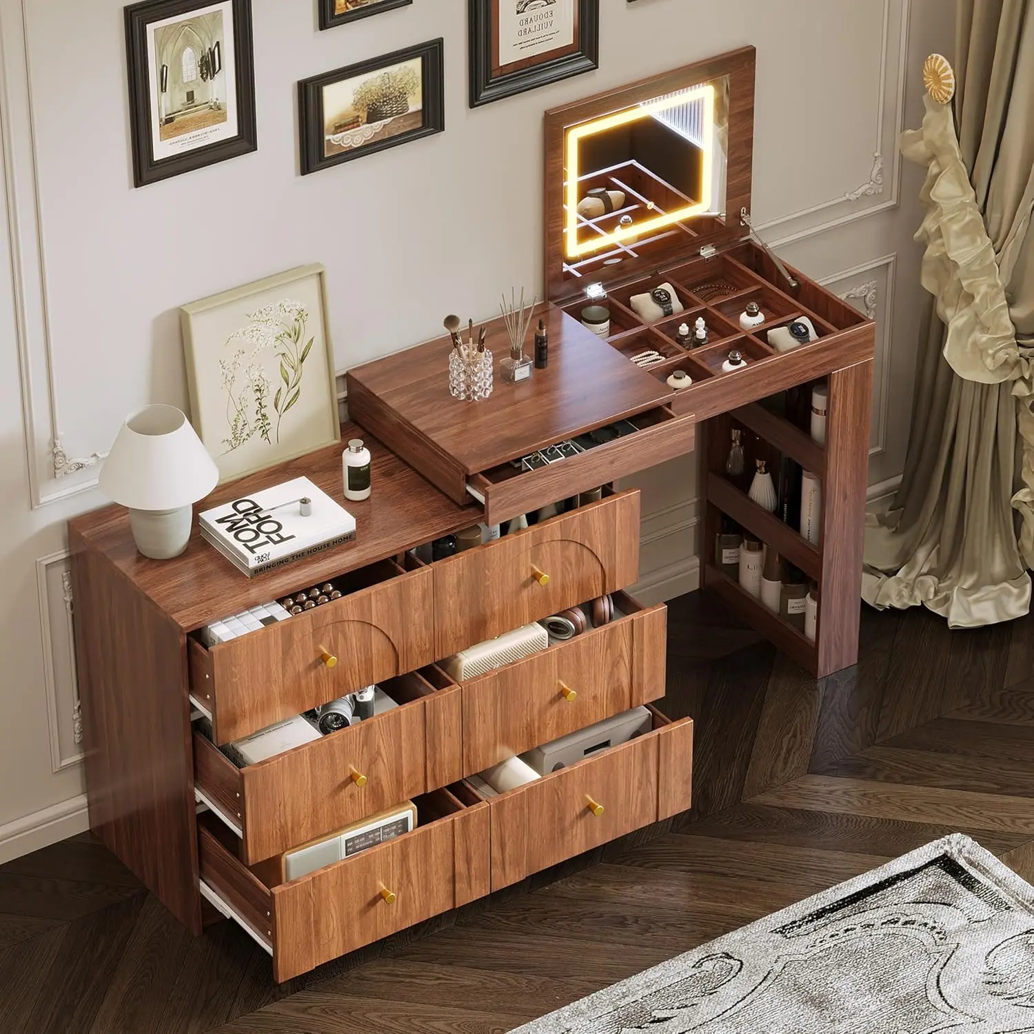 Modern Backlit Makeup Vanity Desk, Multifunctional Dressing Table with Lighted Mirror, Flip-Top Tabletop, 5 Drawers & Storage Compartments, 3 Color Lighting Modes, Large Bedroom Makeup Station，Walnut