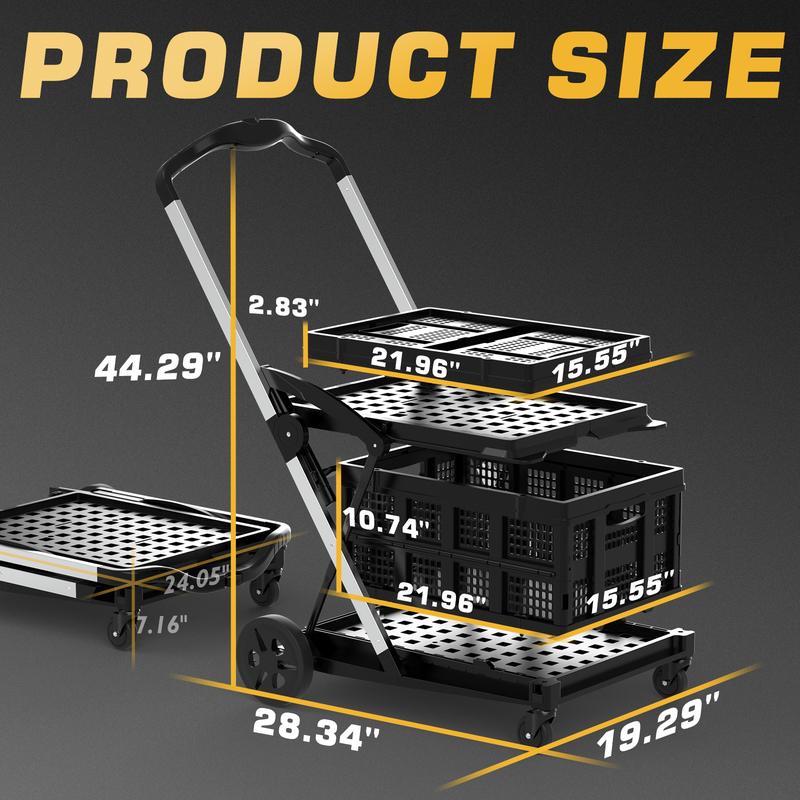 TOOLIOM Heavy-Duty Collapsible Utility Cart, 198Lbs Capacity Folding Trolley with 2 Removable Baskets, Adjustable Aluminum Frame & Quiet Rubber Wheels for Grocery Shopping, Office, Camping and Home