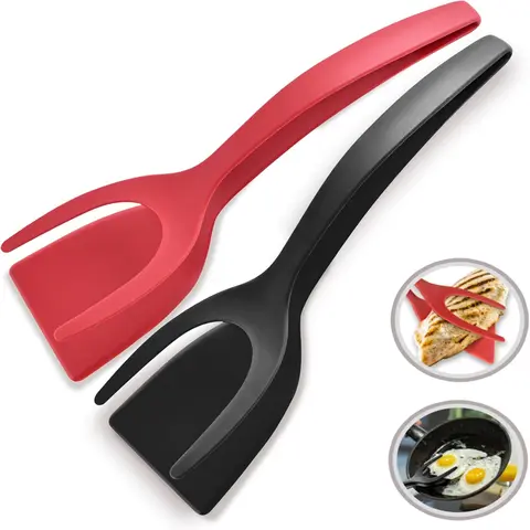 2-in-1 Multifunctional Spatula Spoon with Tongs - Lightweight Durable Nylon Kitchen Cookware Utensil, Ergo Handle, Nonstick Head, High-Temp Res., Hanging Tool, 3.9x3.3x11.8in, Ideal for Fried Eggs, Foodie Daily Use, Cuts Tool Clutter