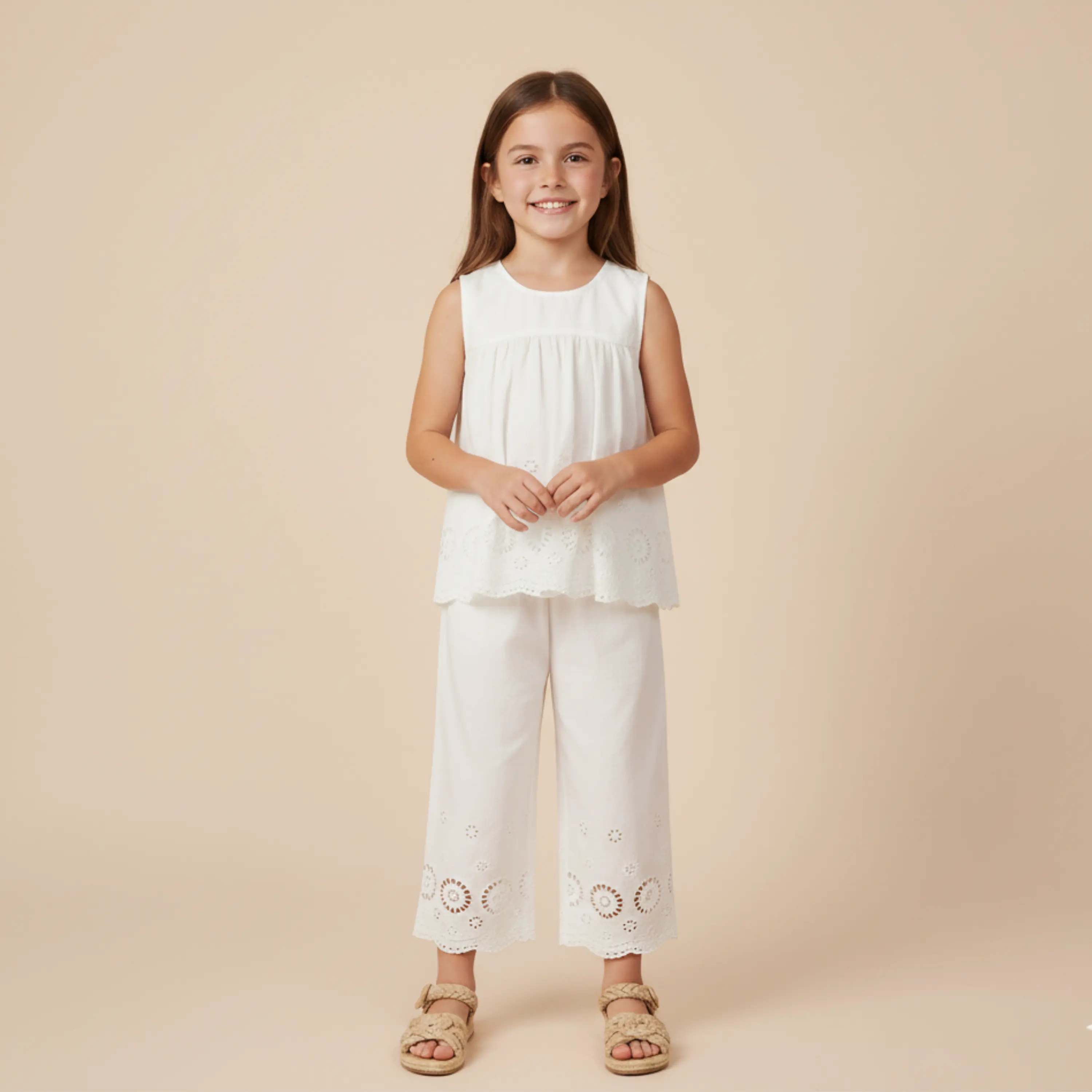Organic Eyelet Top And Pant Set - Ivory Eyelet