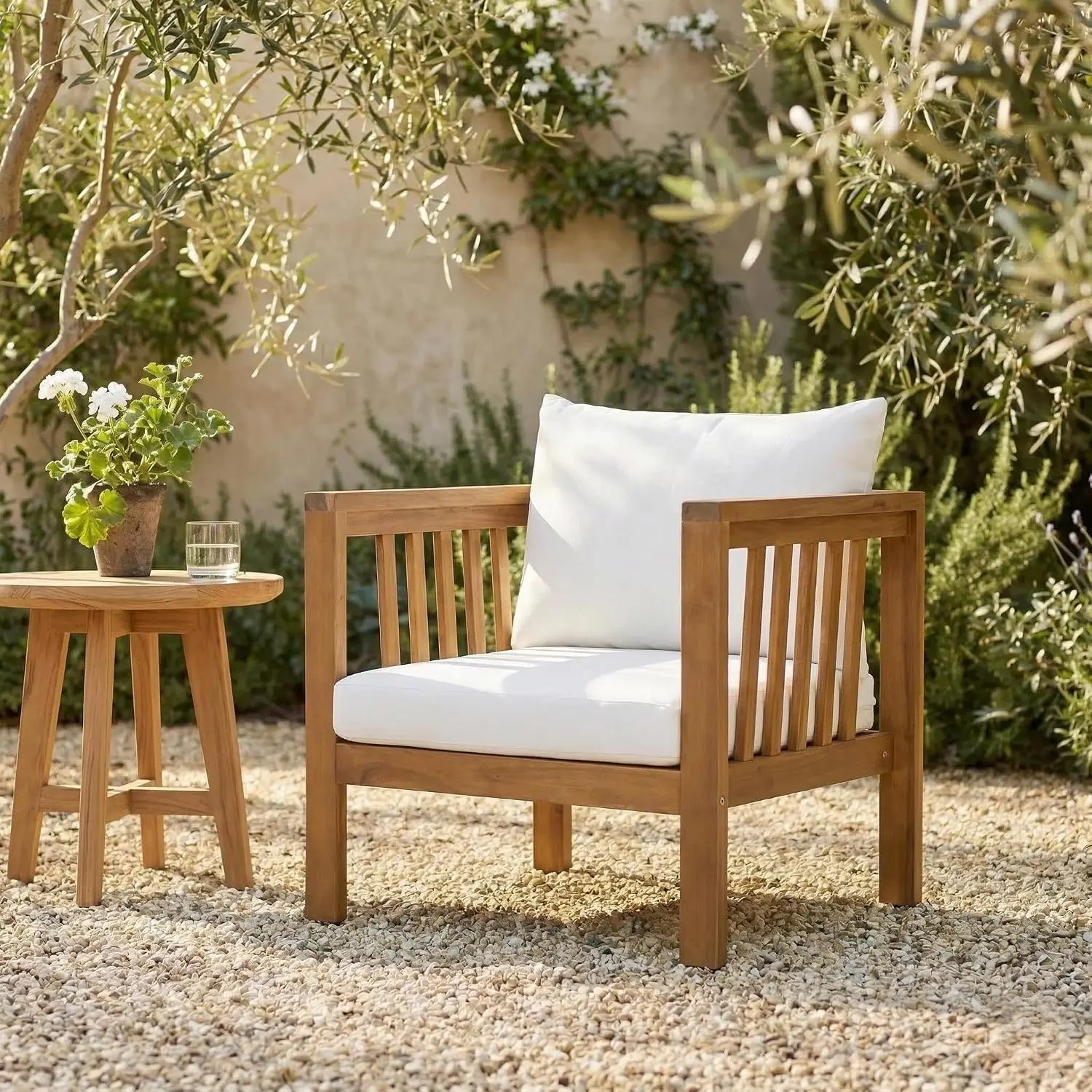 Outdoor Acacia Wood Club Chair, 400lbs Heavy-Duty Patio Armchair with Waterproof Thick Cushion, Ergonomic Mid-Century Chair with Adjustable Leveling Feet for Garden, Backyard & Poolside,Beige
