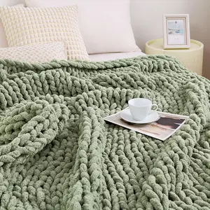 Chunky Knit Blanket Throw, 100% Hand Knit Throw Blanket for Sofa & Home Decor, Soft and Cozy Knitted Throw (Sage Green,51"x63")