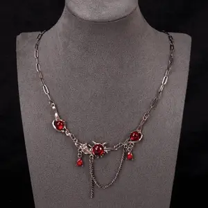 Red gem gothic necklace dark romance punk chain necklace silver tone red crystal charm necklace y2k goth jewelry for party and date night