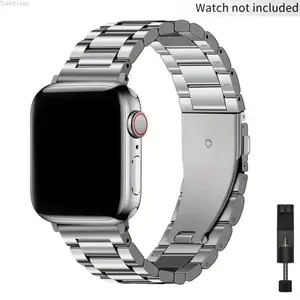 Stainless Steel Apple Watch Band – Three-Bead Link Design with Folding Buckle, Adjustable (Tool Included), Durable Replacement for Summer Everyday Wear