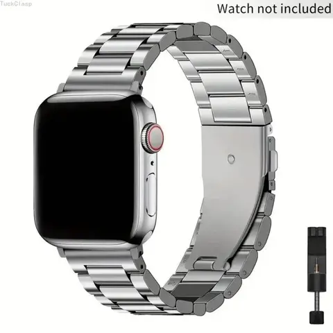 Stainless Steel Watch Band Compatible with Apple Watch – Three-Bead Link Design with Folding Buckle, Adjustable (Tool Included), Durable Replacement for Summer Everyday Wear