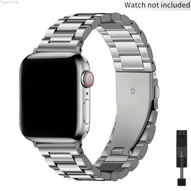 Stainless Steel Watch Band Compatible with Apple Watch – Three-Bead Link Design with Folding Buckle, Adjustable (Tool Included), Durable Replacement for Summer Everyday Wear