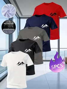 5 Pack Men's Minimalist Mountain Print T-Shirts, Casual Breathable Quick-Dry Short Sleeve Tops, Outdoor Hiking Athletic Tees for Men, Sports T Shirt