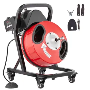 VEVOR Drain Cleaner Machine 50FT x 1/2 Inch, Manual Feed Sewer Snake Auger - with Wheels, 4 Cutters & Air-activated Foot Switch for 2" to 4" Pipes