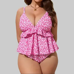 Women's Plus-Sized 2-Piece Floral Print Tankini Set - Tummy Control Ruched Banded Tankini Top with Matching High-Waisted Bottoms, Plus Sized Bathing Suits for Summer Beach Vacation