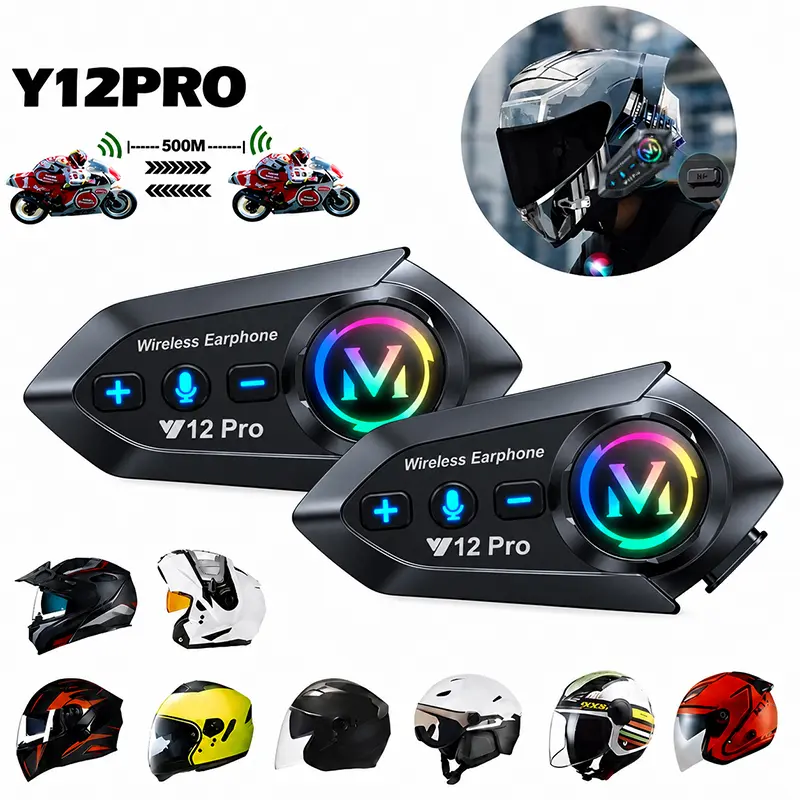 MIDOLA Y12 Pro Motorcycle Helmet Bluetooth Intercom Headset - 500M Range, IPX6 Rated, Hi-Res Audio, All Helmets Compatible, ABS, Clip-On, Split, Mobile Devices Support, Bike Motorcycle Accessories, Riding Gear