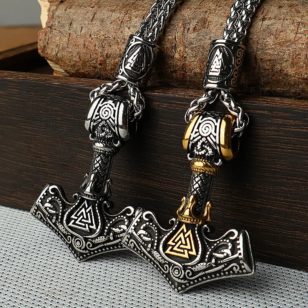 Men's Retro Titanium Steel Viking Thor's Hammer Pendant Necklace - Gold Plated Byzantine Cuban Link Chain, Medieval Gothic Aesthetic Jewelry, Hip-Hop Essential, Exquisite Jewelry Gift, Cuban Link Necklace