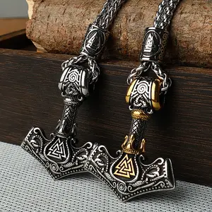 Retro titanium steel Viking Thor's hammer pendant necklace, showing men's domineering personality hip-hop essential Byzantine Chain Gold Plated Chain