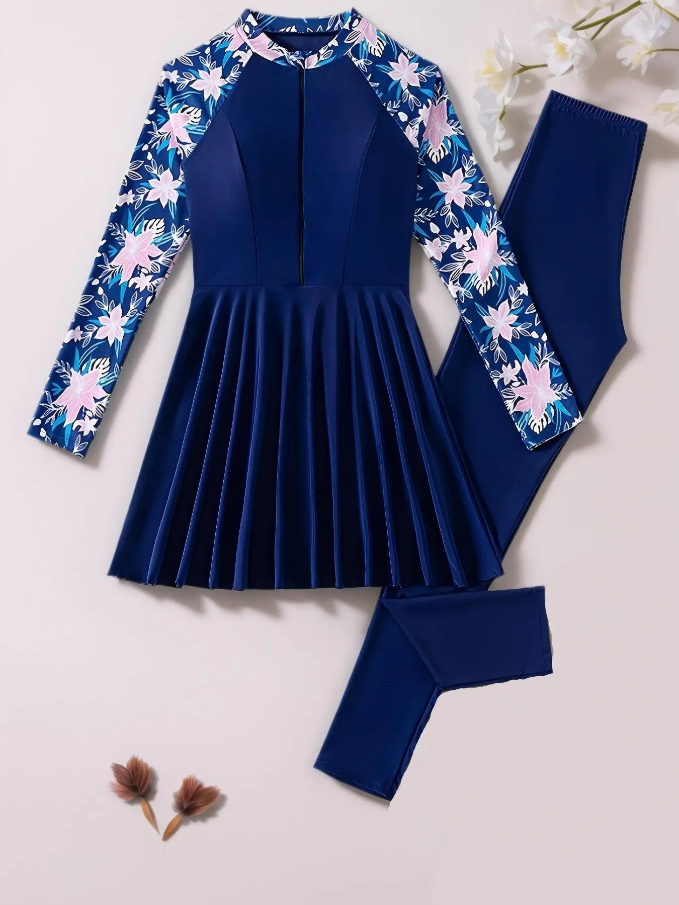 Women's Floral Print Zipper Islamic Swimsuit Set, Casual Long Sleeve Swim Top & Swim Pants, Ladies Swimwear for All Seasons