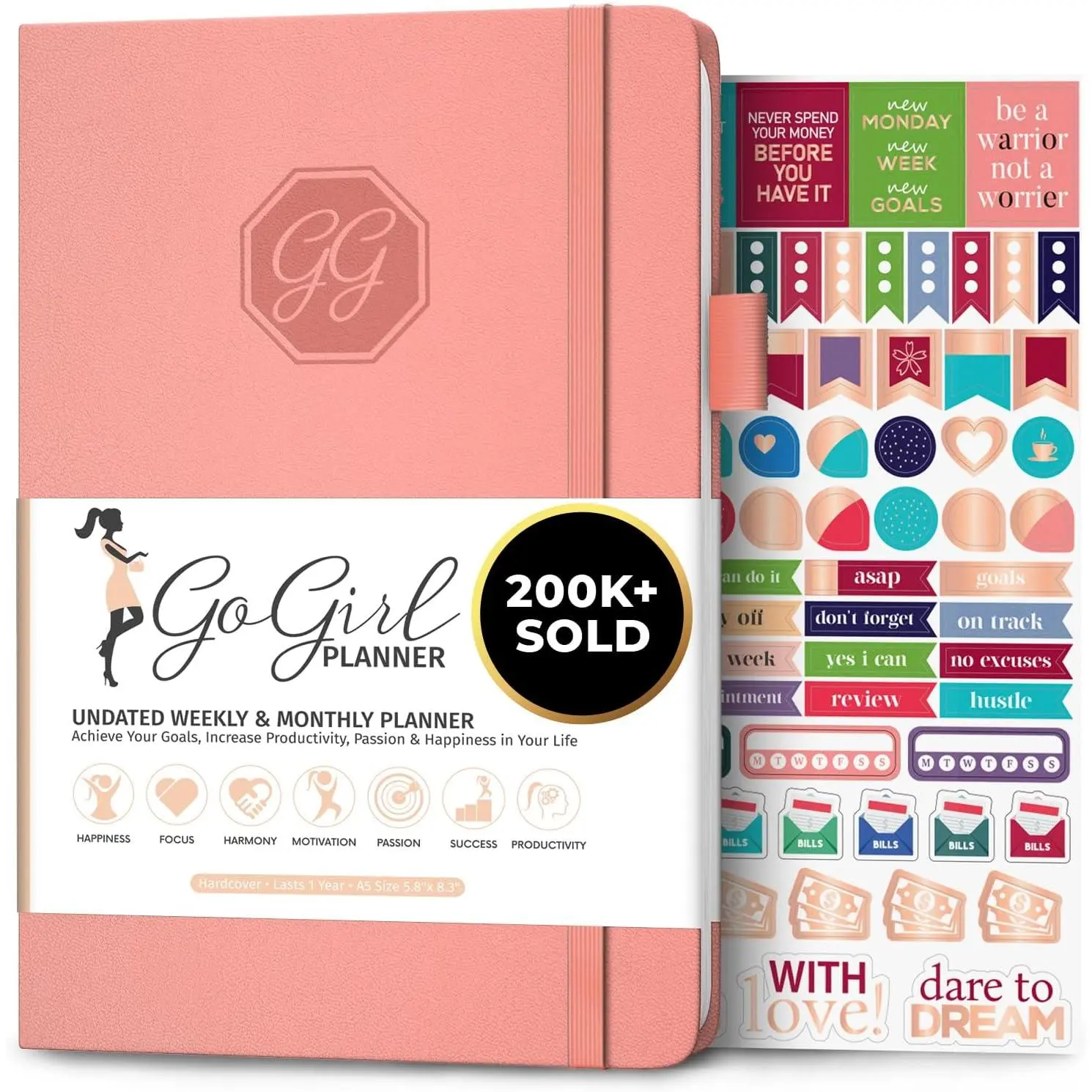 Planner and Organizer for Women - A5 Size Weekly Planner, Goals Journal & Agenda to Improve Time Management, Productivity & Live Happier. Undated - Start Anytime, Lasts 1 Year - Peach Pink