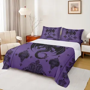 Purple Black Dragon Bedding Set,Vintage Boho Floral Print Bed Sheet 4Pcs,Paisley Pattern Sheet Set for Kids Boys Girls Adult Room Decor Exotic Trippy Fitted + Flat Sheet