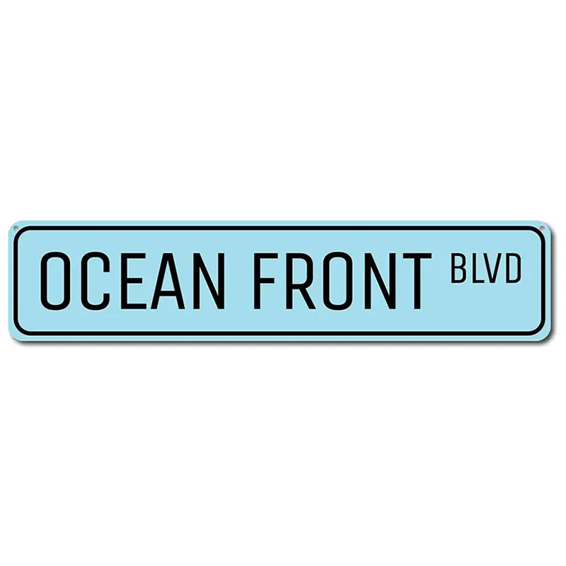 Charming Vintage-Style "Ocean Front BLVD" Metal Sign - 4x16 Inch, Light Blue Aluminum, Wall-Mounted, Ideal for Beach House Decor & Ocean Enthusiasts