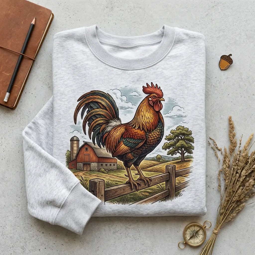 Women's Pullover Sweatshirt, Unisex Gildan 1800, Rustic Farm Rooster Design, Cotton Fabric