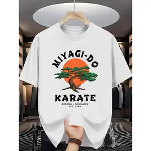 Miyagi-Do Karate Men's T-Shirt - Iconic Bonsai Tree & Karate Logo Print (Est.1984 Okinawa) - Martial Arts Training & Casual Wear - White Short Sleeve Round Neck Tee for Karate Practitioners & Fans